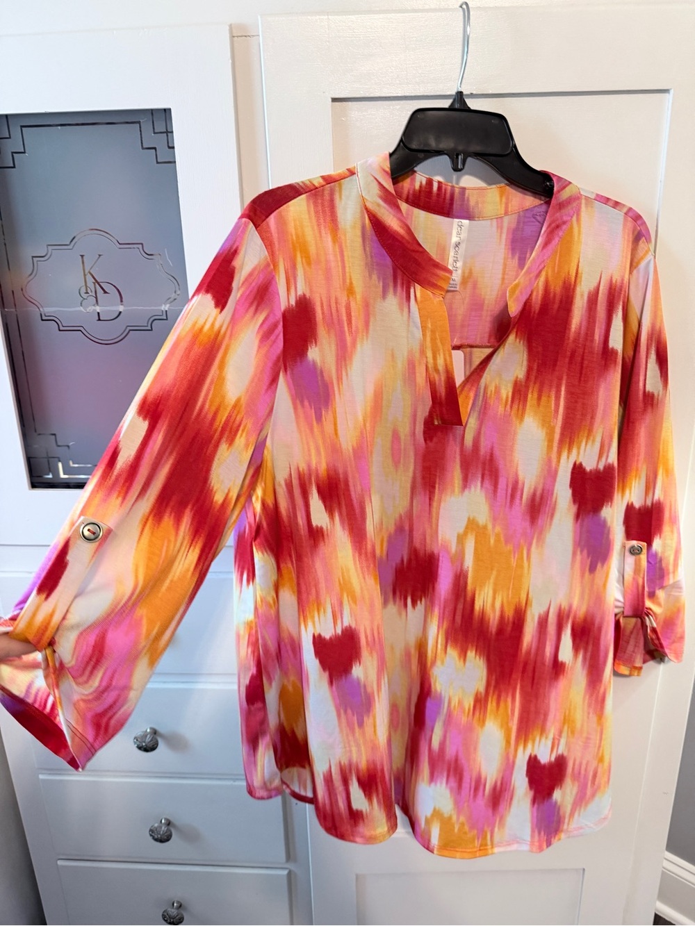 Dear Scarlett Split-Neck Tie-Dye Tunic in Pink, Orange, Yellow - Picture 2 of 8